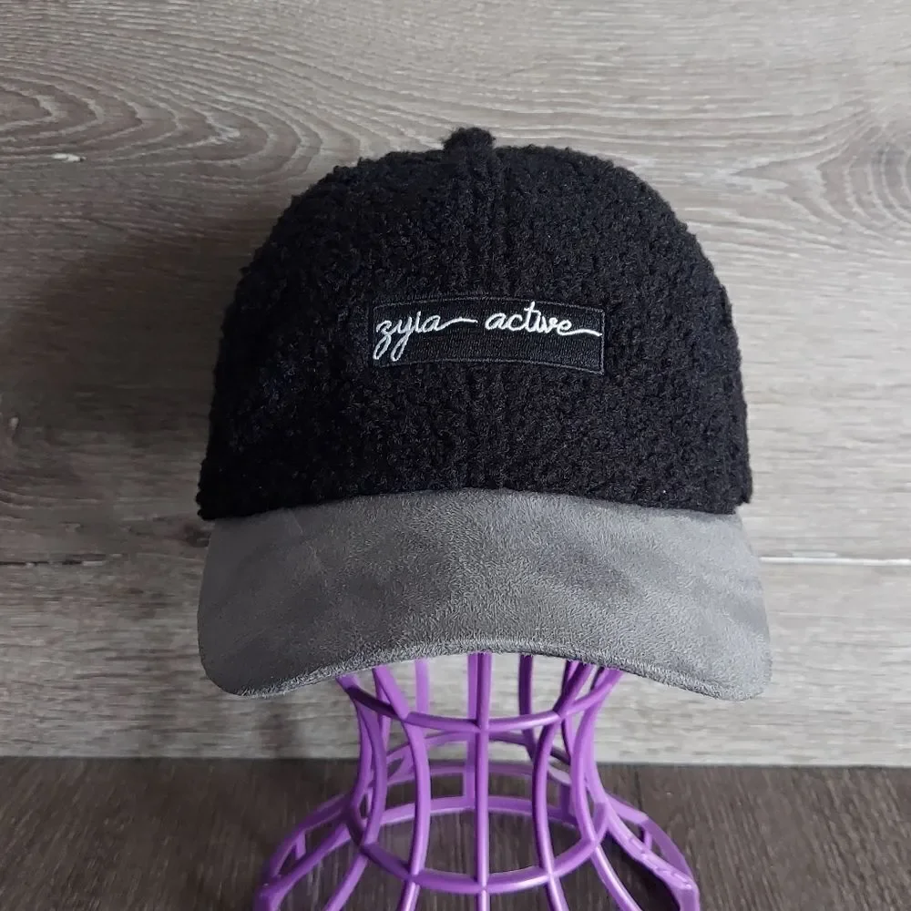 Zyia Active Hat Black Sherpa Gray suede Bill Adjustable Strapback Cap